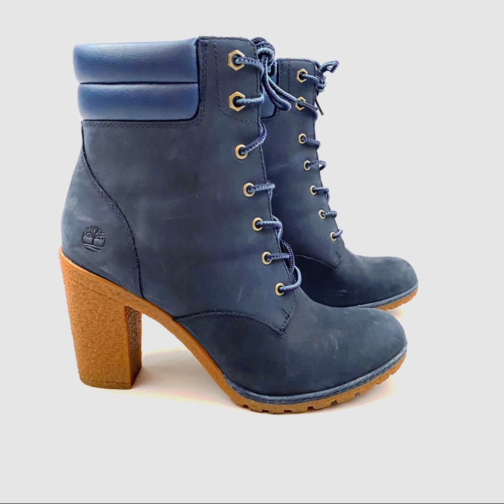 Timberland Navy Blue Leather Heeled Lace-Up Boots